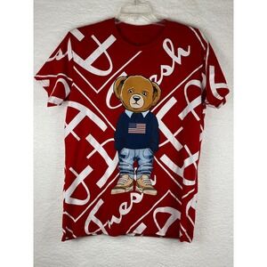 Vibes Fresh Teddy Bear Graphic T-Shirt Mens Large Red USA‎ Flag Streetwear Tee